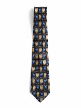 Perry Ellis Vintage Silk Tie Tulip Floral Necktie Blue Gold Beige Made USA